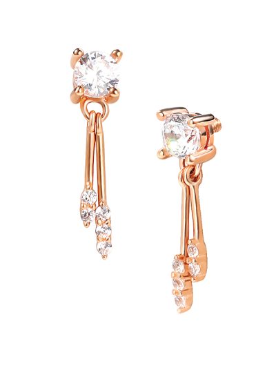 Prong CZ with Stick Dangles Threaded Stud Earring, 14k Rose Gold