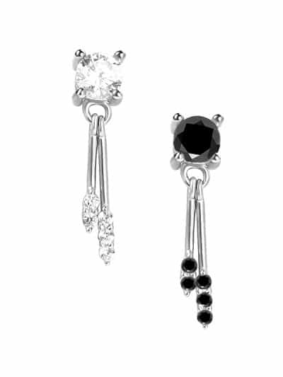 Prong CZ with Stick Dangles Threaded Stud Earring, 14k White Gold