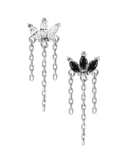 3 Marquise with Chain Dangles Threaded Stud Earring, 14k White Gold