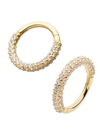 Triple Row Pave Ring Eternity Clicker Earring, 14k Yellow Gold