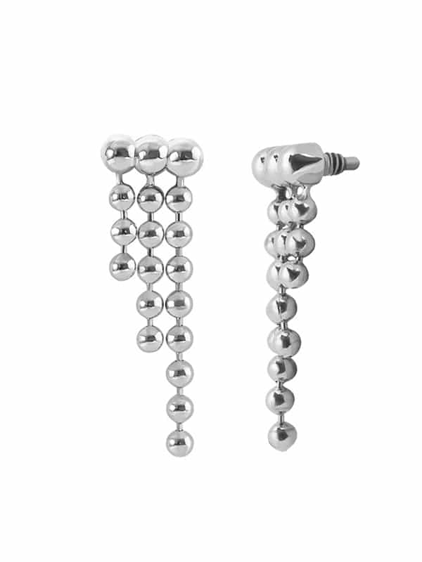 Beaded Drape Threaded Stud Earring, Long, 14k White Gold