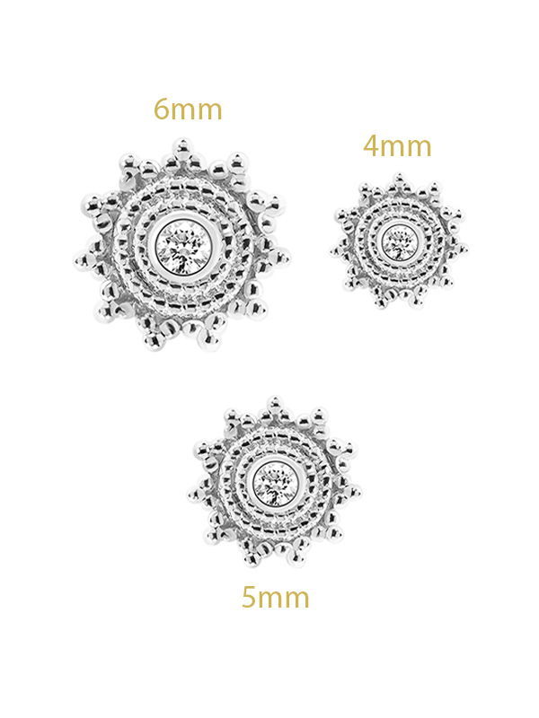 Mandala Gem Sun Threaded / Push-In Stud Earrning, 14k White Gold