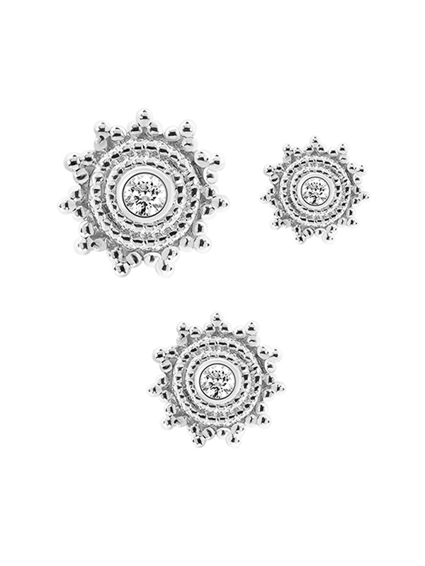 Mandala Gem Sun Threaded / Push-In Stud Earrning, 14k White Gold