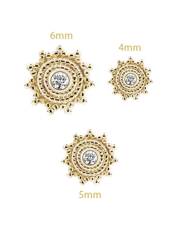 Mandala Gem Sun Threaded : Push-In Stud Earrning, 14k Yellow Gold