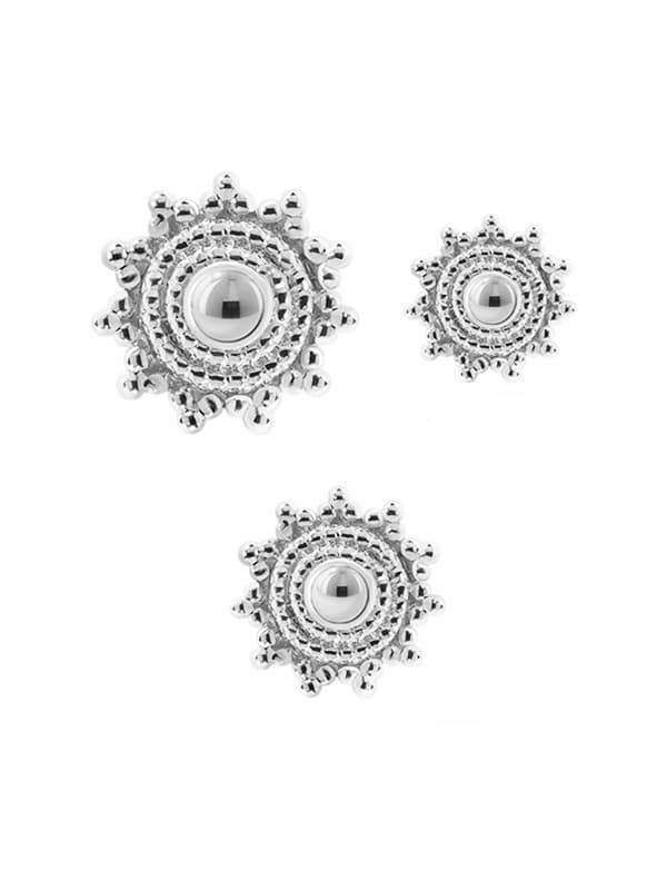 Mandala Sun Threaded / Push-In Stud Earrning, 14k White Gold