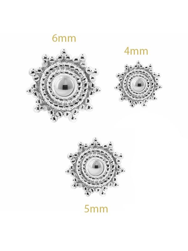 Mandala Sun Threaded / Push-In Stud Earrning, 14k White Gold