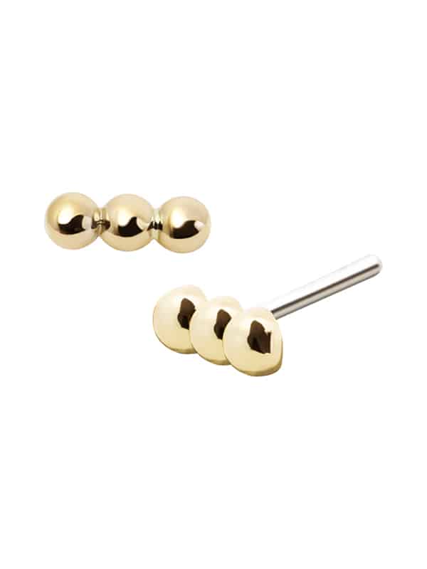 3-Bead Bar Push-In Stud Earring, 14k Yellow Gold