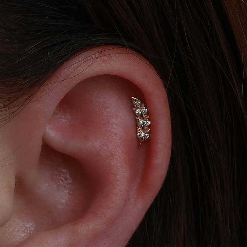 Helix Piercing with Delicate Gem Feather